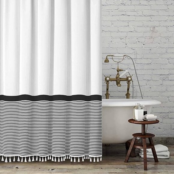 Seasonwood Black & White Striped Shower Curtain | 72"x72" | NWT | Modern Boho - Picture 1 of 4